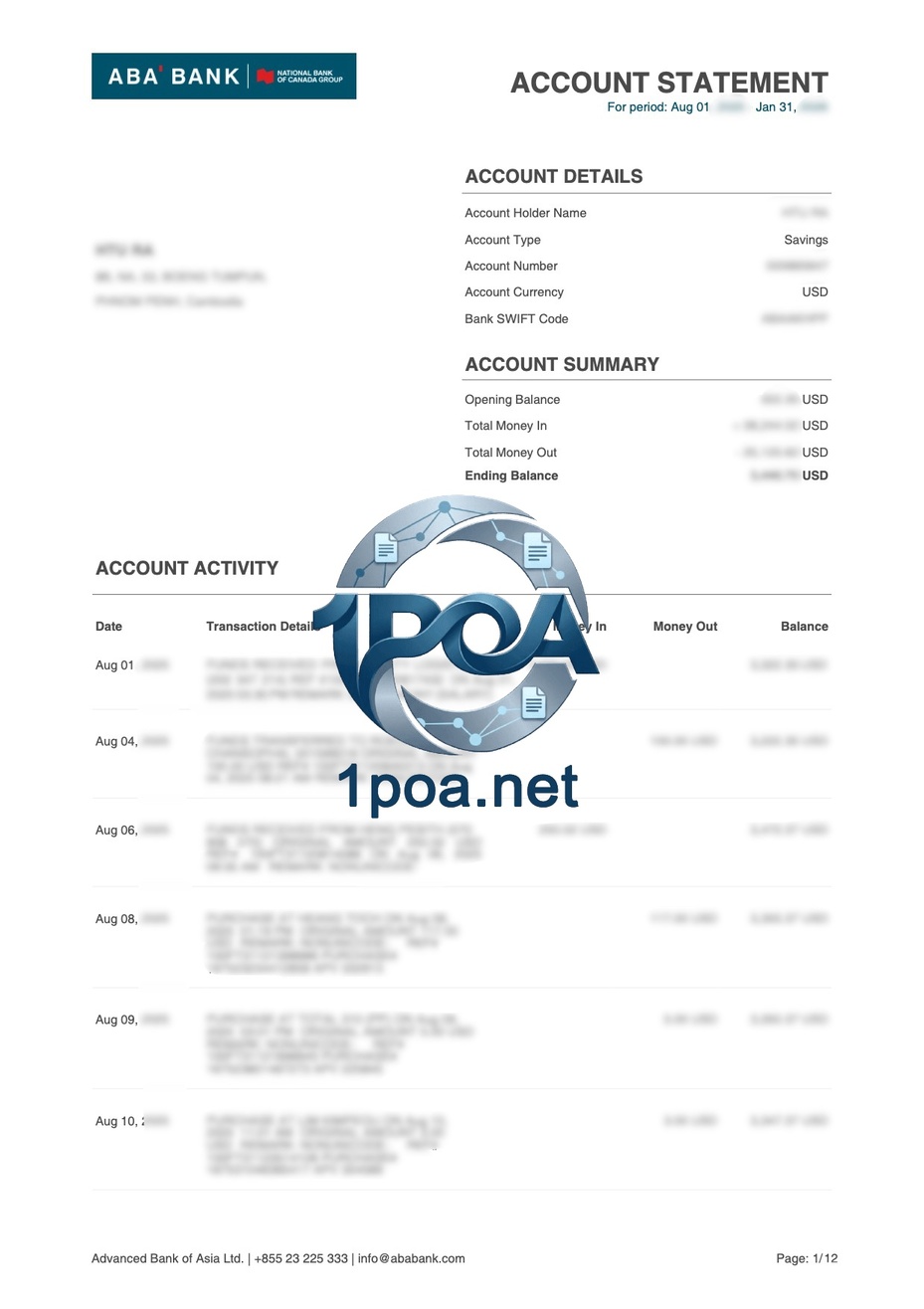 ABA Bank 柬埔寨银行账单 地址证明自动生成器 ABA Bank Cambodia Bank Statement and Address Verification Auto Generator