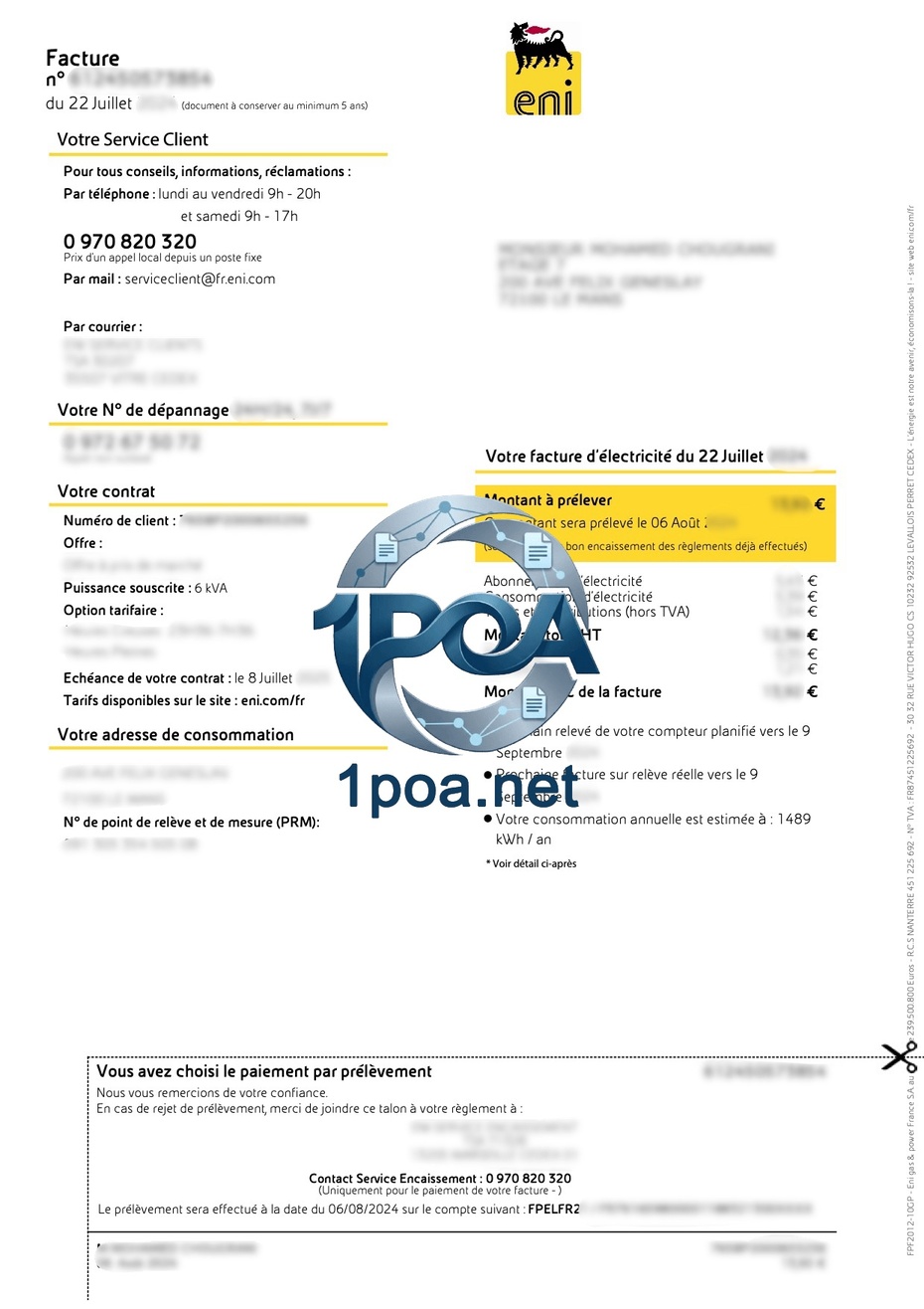 法国水电费账单 FR ENI 电费地址证明自动生成器 French electricity and water bill FR ENI address proof generator