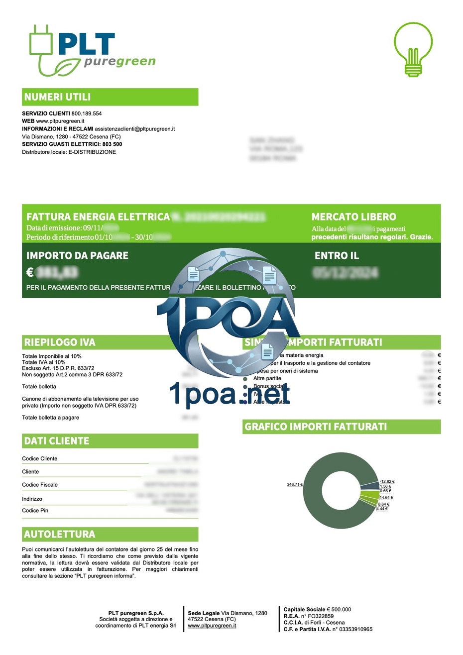 意大利水电费账单 Pltpuregreen 地址证明自动生成器 Italian water and electricity bill Pltpuregreen address proof auto-generator