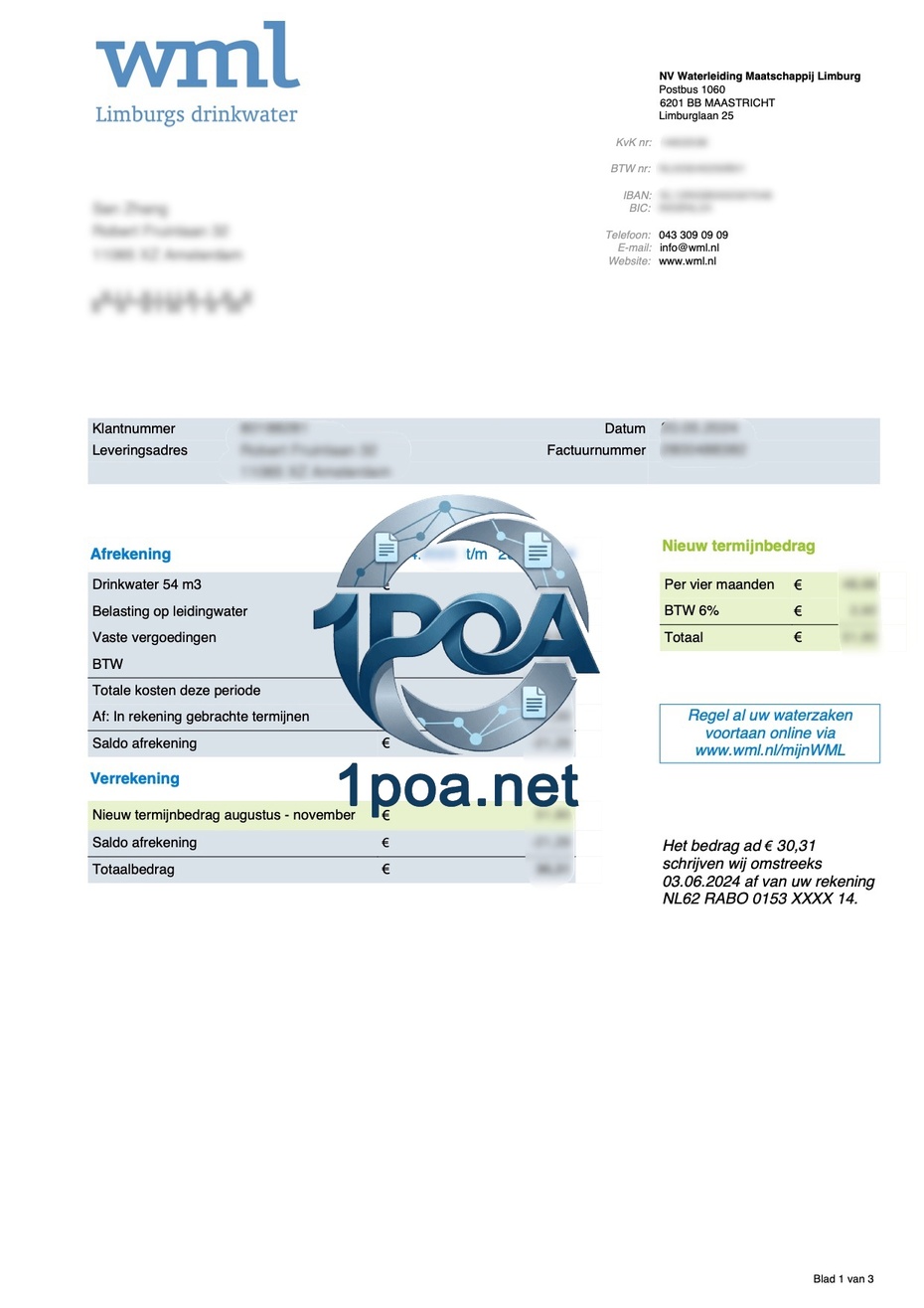 荷兰水电费账单 WML 电费地址证明自动生成器 Dutch electricity and water bill WML electricity address proof auto-generator