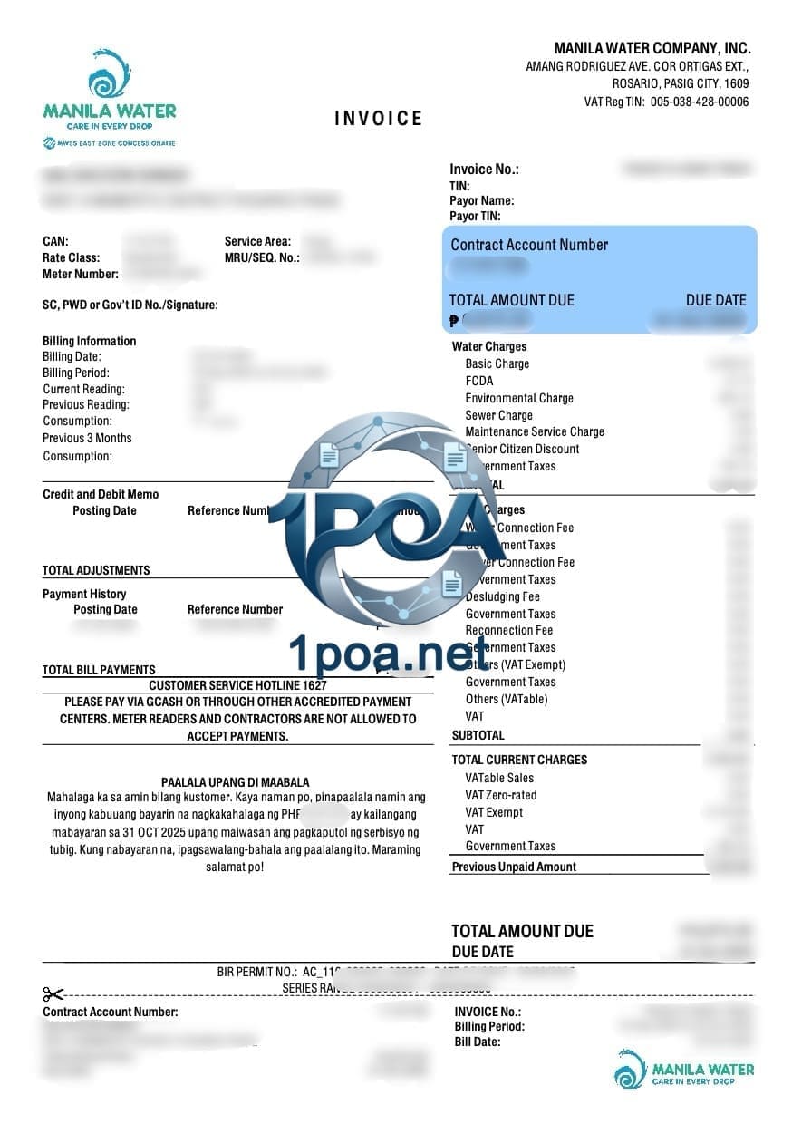 菲律宾水电费账单 Manila Water 水费账单 地址证明生成器 Philippines Manila Water Bill Address Proof Generator