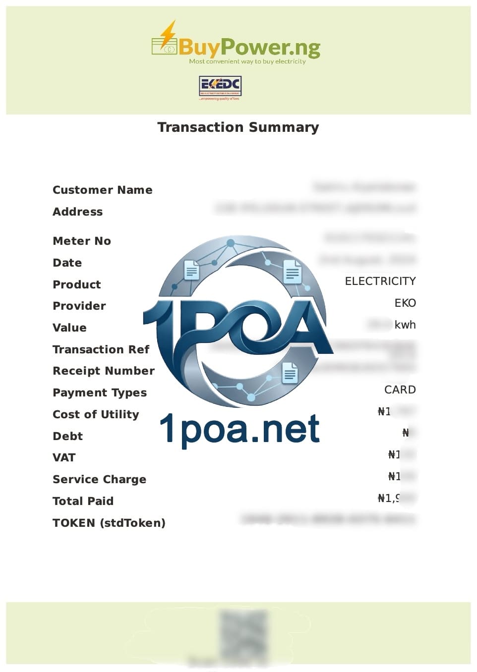 尼日利亚水电费账单 BuyPower 电费 地址证明生成器 Nigeria Utility Bills: BuyPower Electricity Bill & Proof of Address Generator